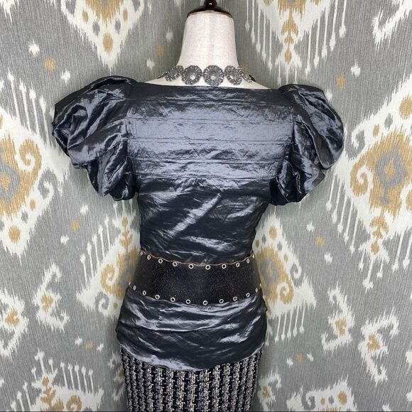 Ralph Lauren Gunmetal Pewter Metallic Pouf Sleeve Stretch Blouse - Picture 13 of 16